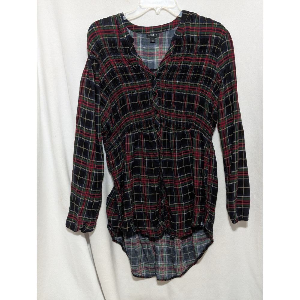 Torrid Plaid Smocked Waist High Low Button Front Tunic Top Red Green Womens 1